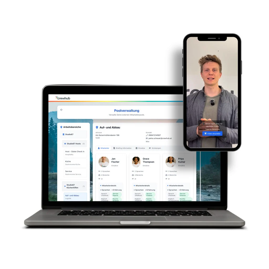 crewhub: Poolverwaltung auf dem Laptop und mobile App auf dem Smartphone